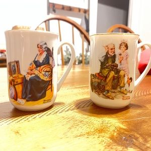 Vintage 1982 Norman Rockwell Museum Coffee Mugs Cups Set of 2 White W/ Gold Trim